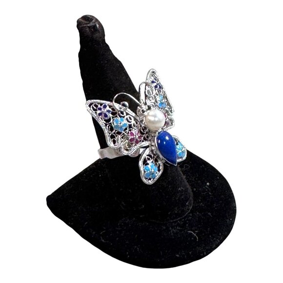 Butterfly Enamel Sterling Silver Ring Lapis Lazuli Pearl Accents Cloisonne 925 - Picture 5 of 11